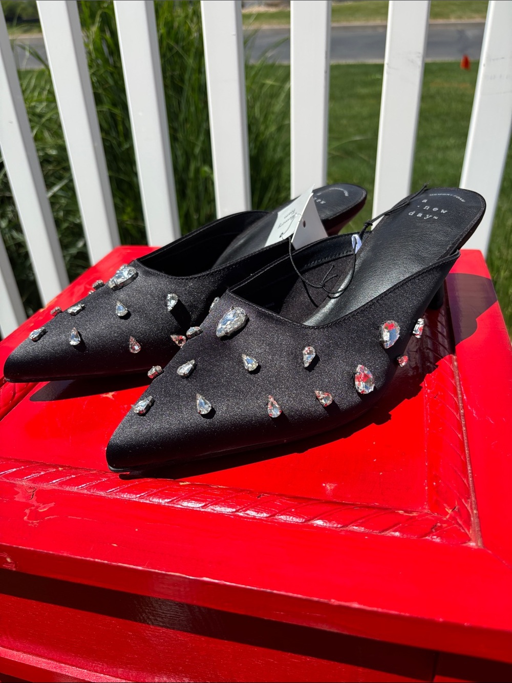 a new day Black Bling Satin Slides NWT Size 8